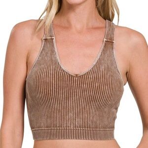 A202. Mocha Washed Ribbed Cropped Seamless Bra Padded Tank Top